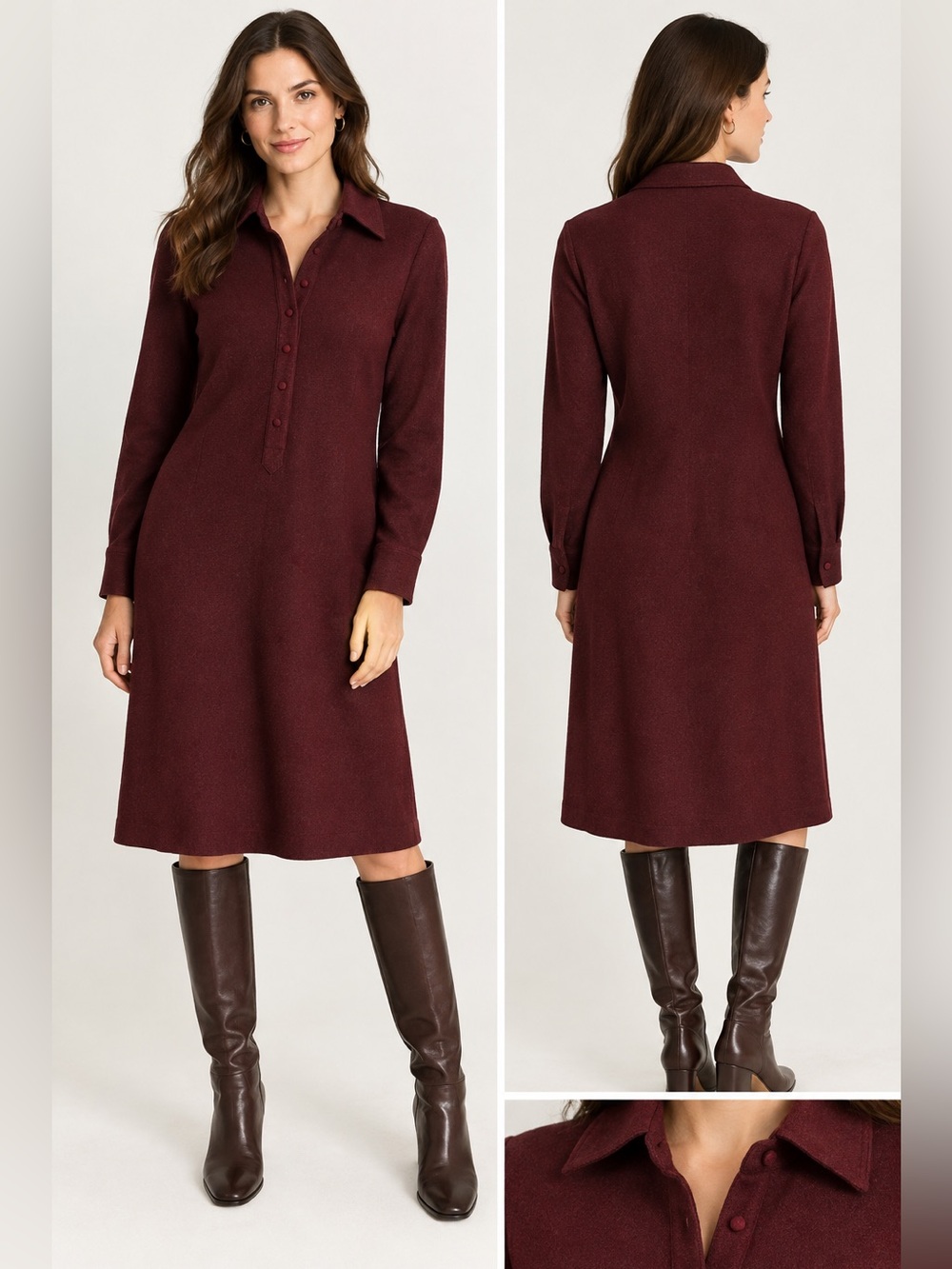 L.L.Bean Signature 100% Wool Shirt Dress Burgundy Merlot Long Sleeve Size 8